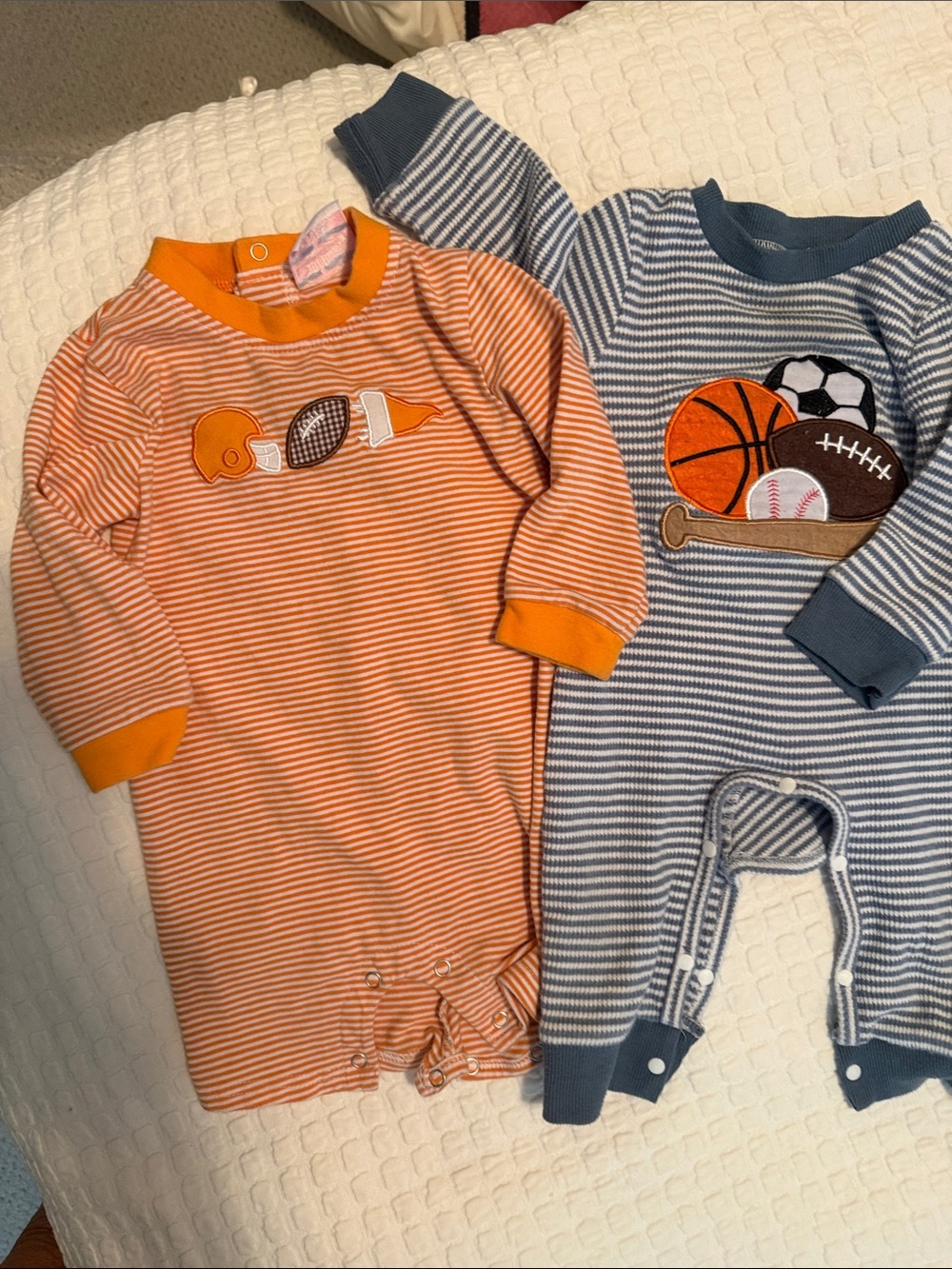 Orange Striped Baby John John with Football Appliqué and All-Sports one piece